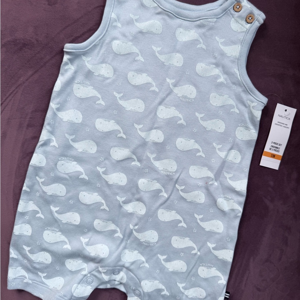 Nautica Light Blue Whale Print Romper